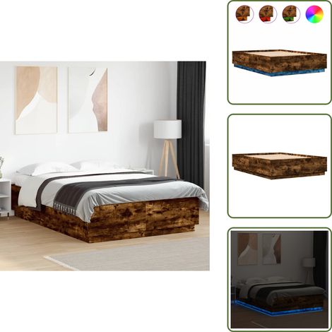 Cadre de lit avec LED sans matelas chêne fumé 140x200 cm - Cadre De Lit - Lit Double - Éclairage Led - Luminaire - Meuble Chambre
