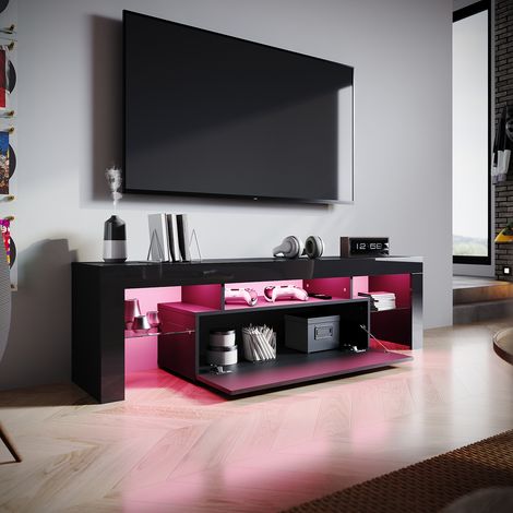 SIRHONA Meuble TV Noir avec lumières LED Meuble tele étagères en verre Espace de rangement Multicouche 160x35x45 cm (1/5)