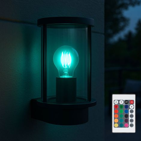 Außenwandleuchte Edelstahl schwarz Haustürlampe Fernbedienung Fassadenlampe dimmbar, Glas rauch, 1x RGB LED 4W 470Lm warmweiß, BxH 14,3 x 25,2 cm
