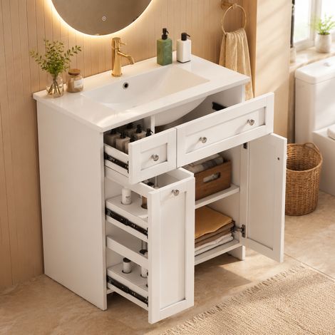 Pour salle de bain humide, meuble vasque sur pied blanc avec vasque en céramique, surface laquée et fermeture douce (1/5)