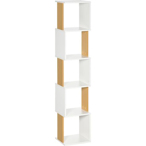 Bibliothèque en forme de S à 5 étagères pour salon ou bureau, 33 x 28 x 161 cm, blanche (1/5)