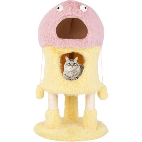 GOPLUS Arbre à Chat en Forme de Monstre, Arbre a Chat Maine Coon à 3 Niveaux, Condo pour Chat à 2 Etagères, Poteaux à Gratter en Sisal, Jouets Suspendus, Meuble en Peluche pour Chat et Chatons (1/4)