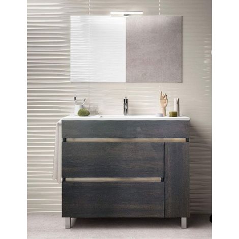Meuble de salle de bain à poser HÉMERA avec miroir et lavabo - 2 tiroirs avec poignée à gorge et un espace de rangement avec porte - CHÊNE ÉVASION - 100CM (1/5)