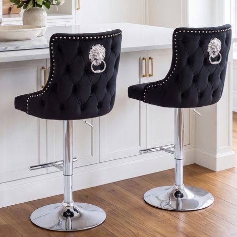 Wahson Set di 2 Sgabelli Cucina in Velluto Regolabili in Altezza, Sgabello da Bar Stile Moderno con Poggiapiedi in Metallo, per Isola Cucina/Ristorante, Nero (1/5)