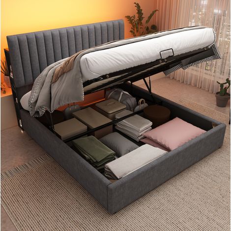 MEUBLIV Lit double rembourré avec rangement tête de lit LED contrôle par application USB Type C 140 x 200 cm gris (1/5)