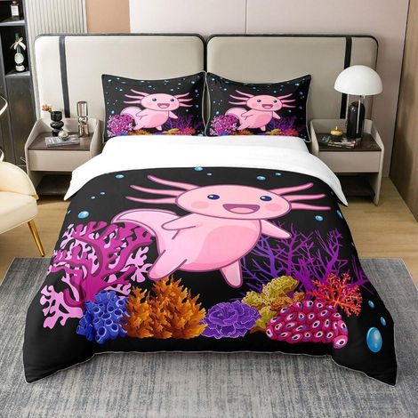 Bettwäsche-Set 220x240cm mit 2 Kissenbezügen 80x80cm, 100% Baumwolle, Axolotl Motiv
