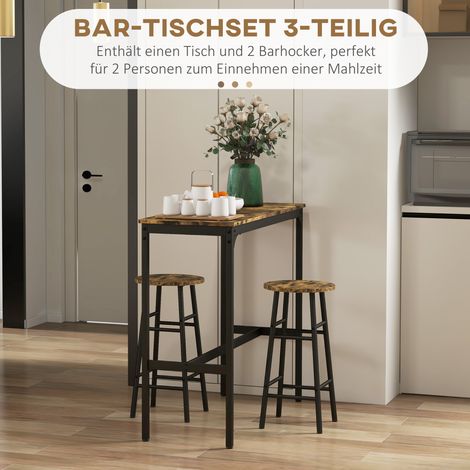 Table de bar industrielle avec 2 tabourets, set bar 3 pièces, design industriel, marron et noir (1/5)