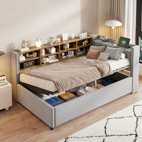 Lit coffre enfant 90x200 cm avec étagères et compartiments de rangement, veilleuse, port USB-Type-C, en velours, sans matelas, gris clair (1/5)