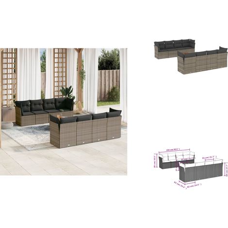 9-tlg. Garten-Sofagarnitur mit Kissen Grau Poly Rattan - Gartensortiment - Outdoor Möbel - Lounge Set - Gartenlounge - Esstischset (1/3)