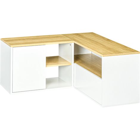 Meuble TV d'angle banc pour téléviseur jusqu'à 40 pouces avec étagères de rangement aspect chêne clair et blanc (1/5)