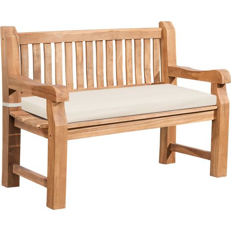 Banc de jardin dossier à lattes droites 120 cm en bois de teck avec accoudoirs et coussin d'assise crème 100007968