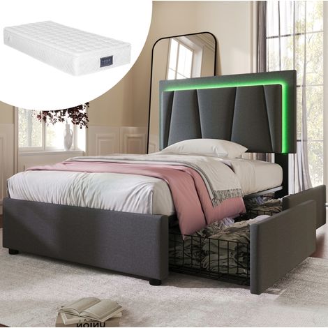 Cama individual 90x200 cm gris de lino y madera con LED, cajones y colchón (1/5)