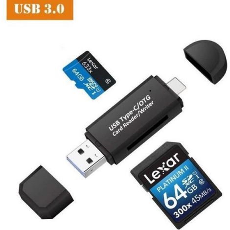 Eilife Lecteur de Carte Mémoire USB 3.0, Type C Lecteur de Carte SD/MicroSD OTG Adaptateur pour Macbook Pro, MacBook, UMD SERIE TV (1/3)