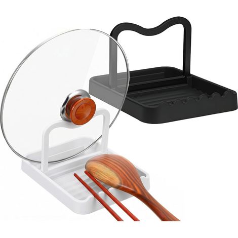 Lot de 2 supports de couvercle de casserole pliables en plastique - Multifonction - Avec repose-cuillère - Pour le rangement des couvercles de casserole, cuillères, baguettes, etc. (noir et blanc 1) (1/5)