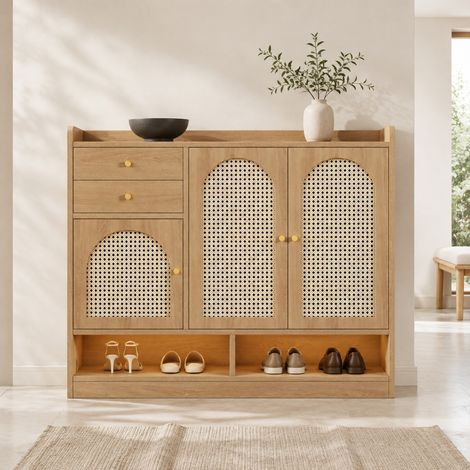 Schuhschrank 120 x 35 x 100 cm Natur, 3 Türen und LED für den Eingangsbereich – MEUBLIV (1/5)