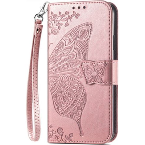 Custodia protettiva per iPhone 14 Plus, con design a portafoglio in pelle, supporto integrato, scomparti per carte e cinturino da polso removibile, decorata con un delicato motivo a farfalla. (1/2)