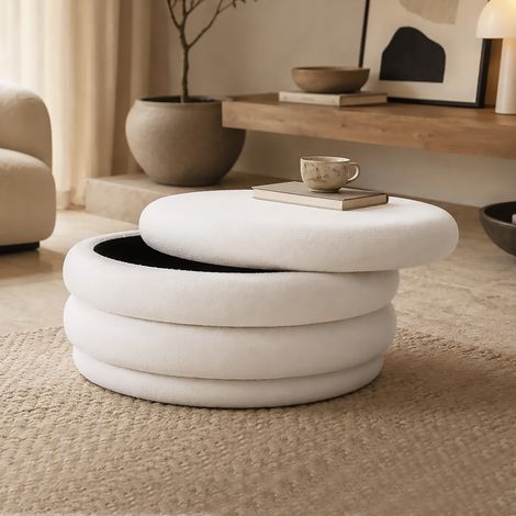 POUF CONTENITORE ROTONDO DIAM. CM 81 H. 38 IN TESSUTO EFFETTO BOUCLE' PANNA