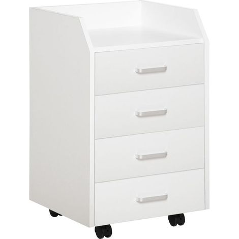 Classeur blanc 4 tiroirs avec plateau de rangement et roulettes à freins, 40x36x65 cm, bureau organisé mobile (1/5)
