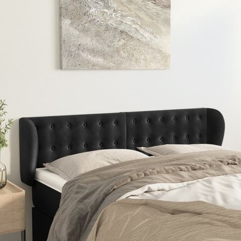 Tête de lit avec oreilles pour lit double, Tableau décoratif de chevet élégante Noir 147x23x78/88 cm Velours SDG13259 (1/5)