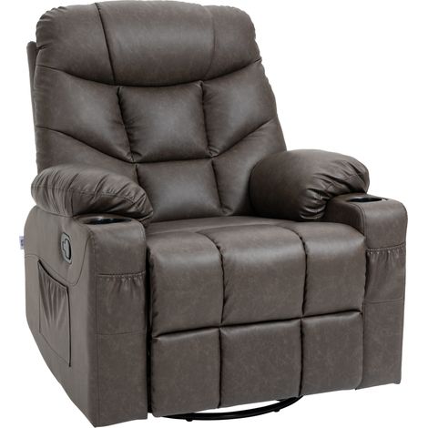Manual Reclining Chair, Recliner Armchair with Faux Leather, Footrest, Cup Holders, 86x93x102cm, Brown