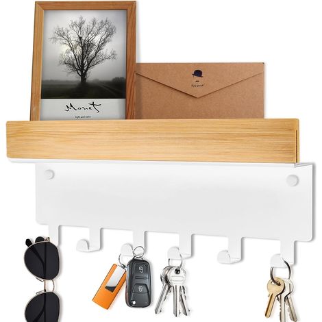Porte Clé Mural en Bois Avec étagère – Accroche Clef Mural Blanc Moderne Avec 6 Crochets pour Clés, idéal pour Couloir, Cuisine et Entrée (1/5)