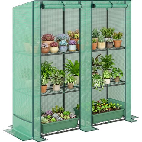 Outsunny 3 Tier Lean-to Mini Greenhouse with Green Hemmed Edging, Green