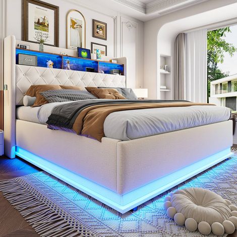 Lit led 180 x 200 cm en tissu lin avec rangement hydraulique, usb et tête garnie, sans matelas (1/5)