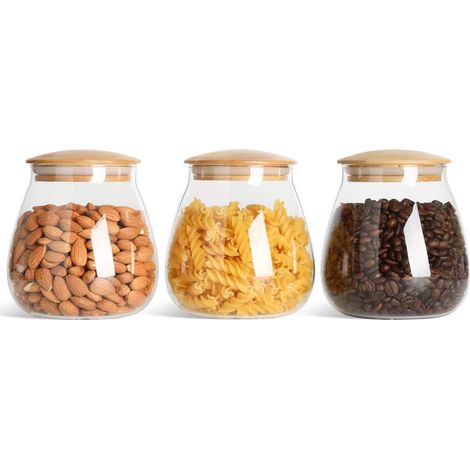 800 ML Bocaux Conservation Verre, Hermétique Bocal en Verre Borosilicate avec Couvercle en Bambou et Rondelle en Silicone Pot, Lavable en Machine, Lot de 3 (1/5)