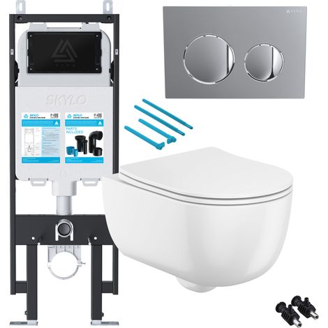 Gloss White Rimless Wall Hung Toilet with 1.14m Concealed Cistern Frame Set - Chrome Plate (1/4)