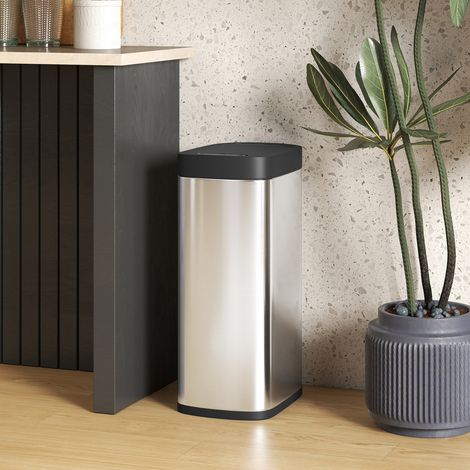 Poubelle cuisine automatique 50L capteur mouvement piles 26.5x35.5x68 cm argent. Poubelle automatique argentée pour votre cuisine, élégante et pratique. (1/5)