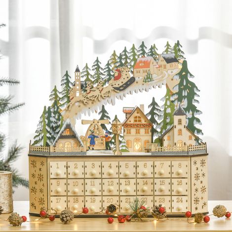 Décoration de Noël du calendrier de l‘Avent Décoration de Noël, 24 tiroirs,  lumières LED, 39 cm x 9 cm x 42 cm,  blanc + vert (1/5)