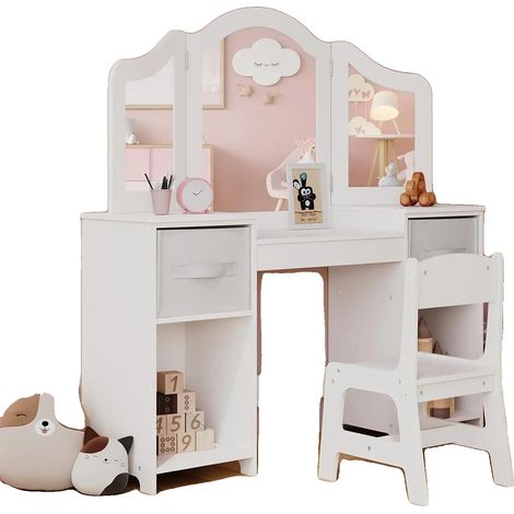 Tocador infantil, mesa de maquillaje de madera, espejo plegable desmontable de tres partes, blanco. (1/2)