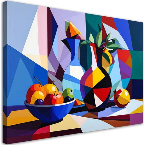 Quadro su tela, Natura morta cubista con frutta e vaso - 45x30 (1/2)