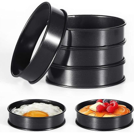 Lot de 6 cercles à crumpets, moules ronds en acier inoxydable à double rouleau de 10 cm pour gâteaux, tartelettes, biscuits, œufs et hamburgers, pour la cuisson au four. (1/4)