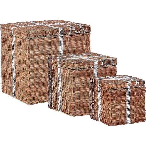 Lot de 3 Décorations de Noël en Rotin Marron et Blanc et Métal Rangements CADEAU