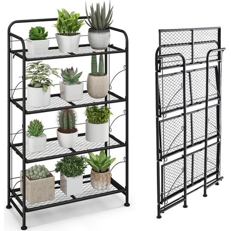 Goplus – Support de plante pliant 4 niveaux en métal – Tablettes réglables 60 x 25 x 100 cm – Capacité 40 kg – Pieds réglables pour surfaces inégales (1/5)