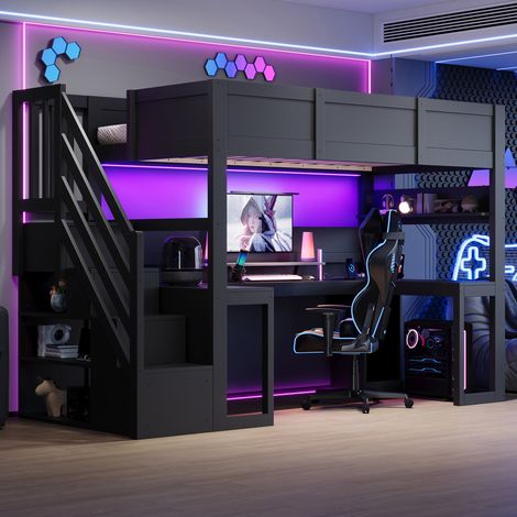 MODFU – Lit mezzanine enfant 90x200 cm MDF/contreplaqué – Bureau gaming et LED 7 couleurs – USB, étagère et escalier à 4 compartiments – Chambre – Noir (1/5)