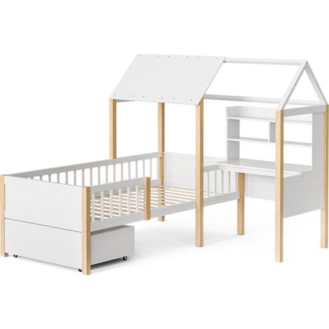 Lit mezzanine enfant 90 x 200 cm avec bureau, étagère, tiroirs et barrière, blanc bois (1/5)
