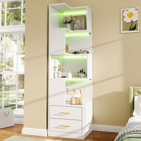 Scaffale Angolare con 4 Ripiani Aperti, 2 Cassetti e Illuminazione LED, per Soggiorno, Bianco, 45×45×165 cm (1/5)
