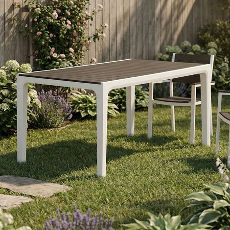 Dmora - Mesa de jardín Tornaco, Base de picnic, Mesa de comedor de jardín, Banco multiusos para exterior, 160x90 h74 cm, Blanco y Gris oscuro (1/5)