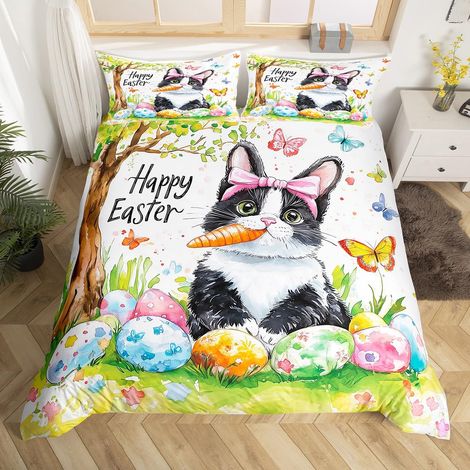 Parure de lit avec housse de couette taille S - Motif chat et œufs de dessin animé - Décoration de printemps - Papillon floral - 1 taie d'oreiller (1/5)