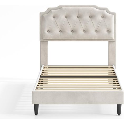 Upholstered Bed Frame with Cozy Button Tufted Headboard & Adjustable Height, Wood Slat Support CHELSEY SINGLE BEIGE (1/5)