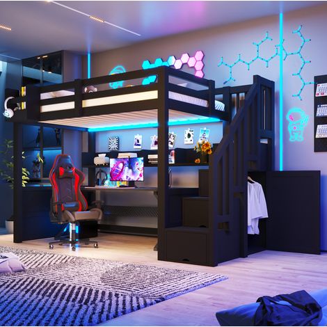 Letto a soppalco per bambini 90x200 cm con LED, scala contenitore, armadio integrato, struttura stabile in legno - nero (1/5)