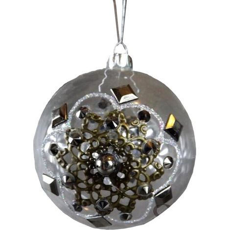 Pallina in vetro trasparente con decorazioni in vetro e metallo color argento anticato, diametro 9 cm (1/3)