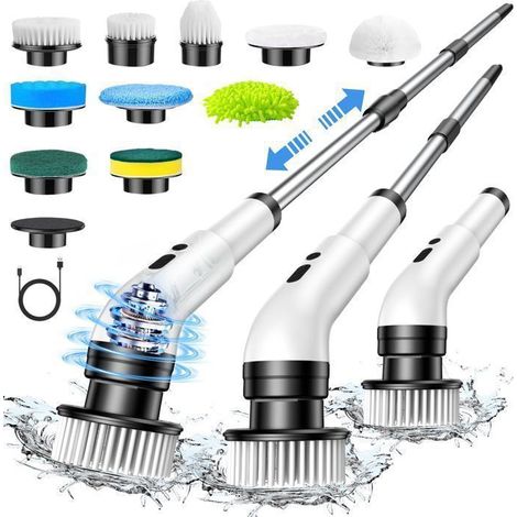 Brosse électrique rotative pour nettoyage, tige télescopique réglable de 37 à 137 cm, 10 têtes interchangeables pour voiture et maison (1/5)