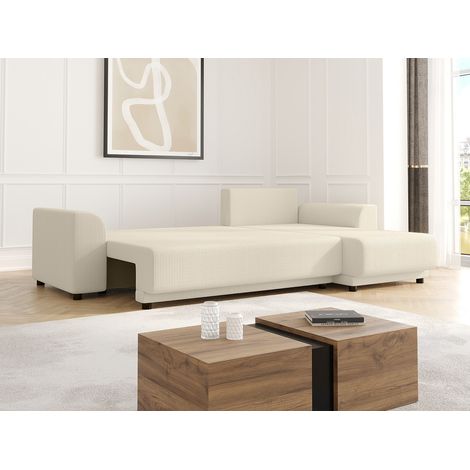 Canapé d'angle convertible et réversible en velours côtelé beige NESSARO (1/4)