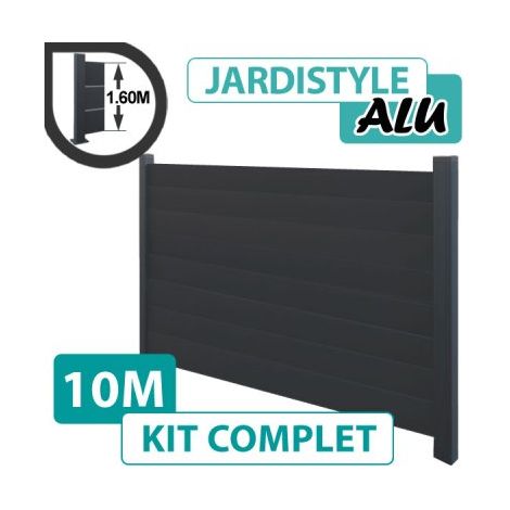 Kit Clôture Aluminium Gris Anthracite 10M - Plein - 1,60 mètre