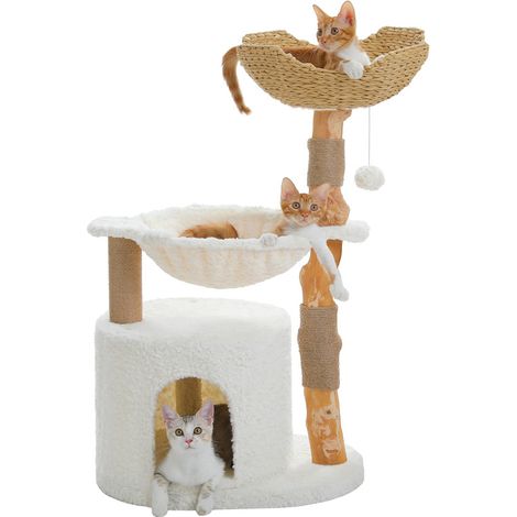Pawz Road – Arbre à chat moderne 104 cm – Poteaux en poirier naturel – Panier tissé XXL – Grand condo et hamac 40 cm – Pour chats de tous âges