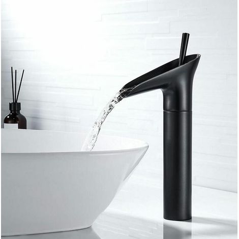 Robinet Salle Bain Noir, Robinet Cascade Mitigeur Lavabo Noir Rétro à Levier Unique Robinet Lavabo, Laiton Comptoir Haute Robinet Salle de Bain Robinet Lave Main Robinet Evier Vasque (1/5)