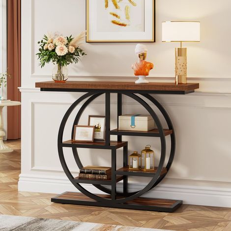 Tribesigns Console Table, 105 cm Industrial 6-Tier Sofa Table Entryway Table with Circle Base, Narrow Wood Accent Tables with Storage Shelves for Living Room, Hallway, Foyer, Rustic Brown